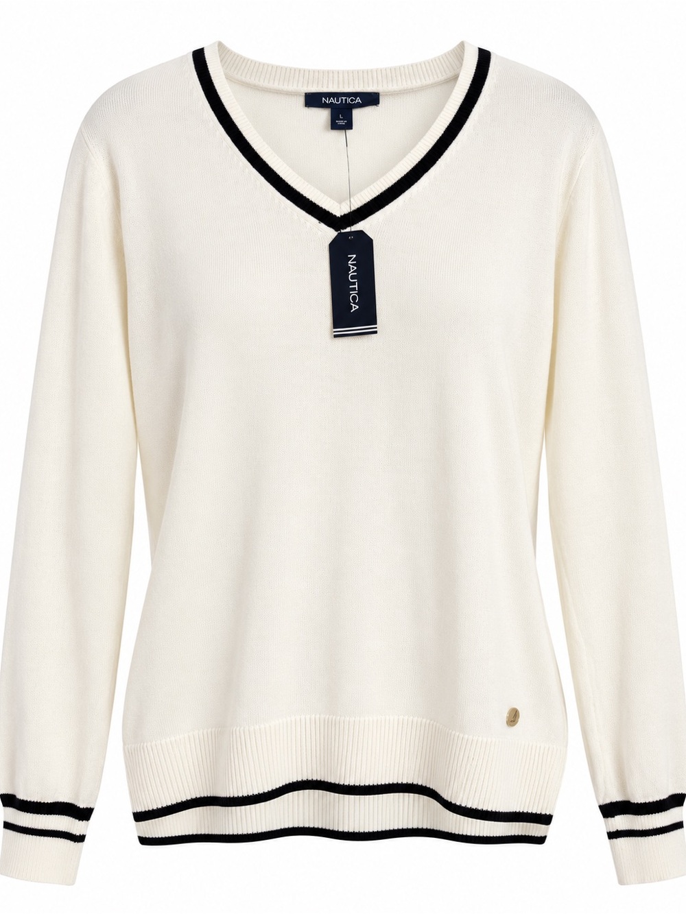 Nautica Cream V-Neck Sweater with Black Trim